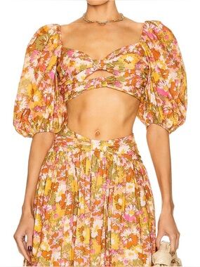 Zimmermann Violet Twist crop cutout floral cotton puff sleeves top sz 1